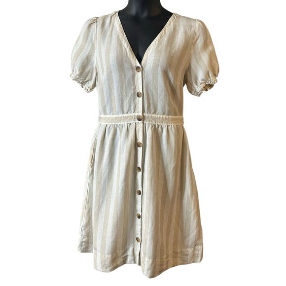 LOFT Women's White Light Tan Striped Puff Sleeve Button Down Midi Dress Size 10 - Picture 1 of 6